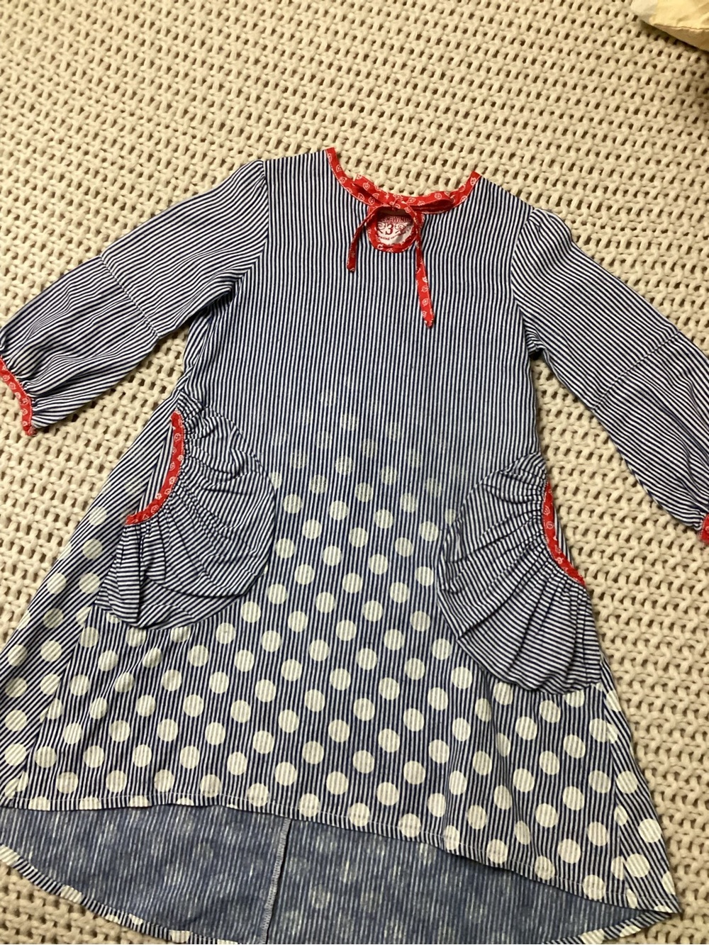 Paper Wings Girls Chambray Hi Lo Dot Dress with Red Trim size 3